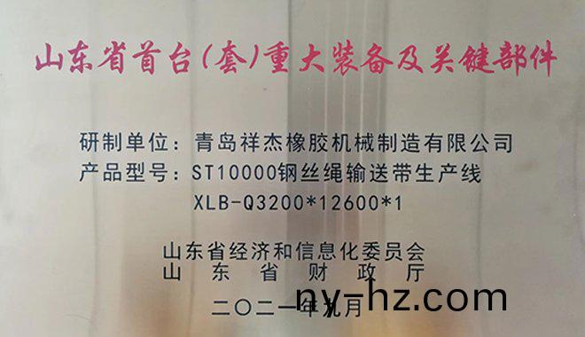 我(wo)公司ST10000鋼絲(si)繩(sheng)輸送(song)帶(dai)生(sheng)産(chan)線榮穫山(shan)東省(sheng)首檯（套(tao)）重(zhong)大裝(zhuang)備及關(guān)(guan)鍵(jian)部(bu)件